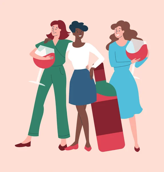 Three young female characters are standing with big red wine bottle and glasses together on pink background — Vector de stock