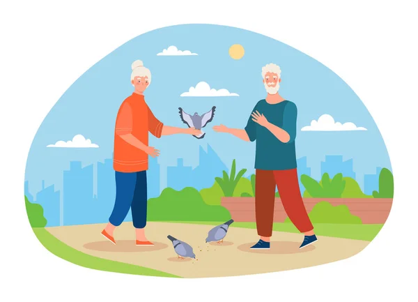 Cute elderly couple is feeding pigeons together in the park — стоковый вектор