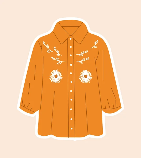 Cute sticker of orange shirt sewed with flowers on cloth — Archivo Imágenes Vectoriales