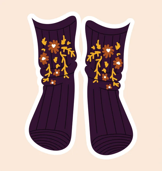 Cute sticker of purple socks sewed with flowers on cloth on pink background — Vector de stock