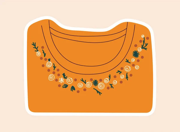 Cute sticker of orange shirt sewed with flowers on throa — Stockvector