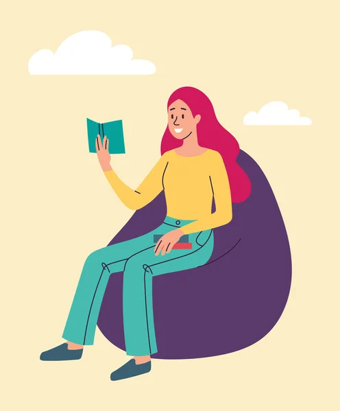 Young smiling female character is reading on bean bag chair — Vector de stock