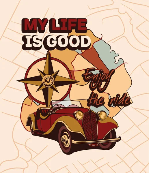 Cute vintage sticker with car with map on the background and life is good lettering — ストックベクタ