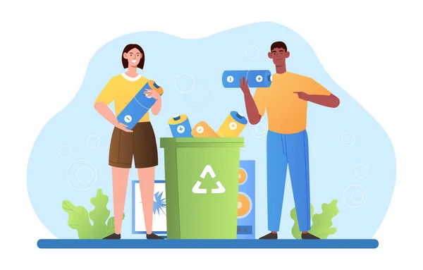 Male and female characters are throwing out batteries into special litter bin for recycling and trash separation — Stockvector