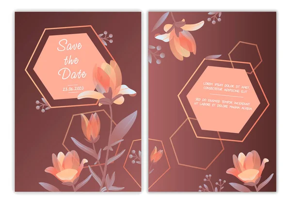 Cute pink floral wedding invitation card. — Vector de stock