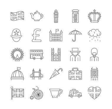 Londra, İngiltere ve İngiltere ikonları ince çizgi simgeleri