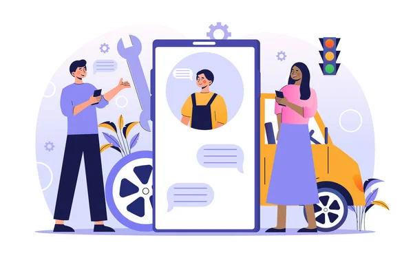 Male and female characters are using online car service on smartphone — Archivo Imágenes Vectoriales