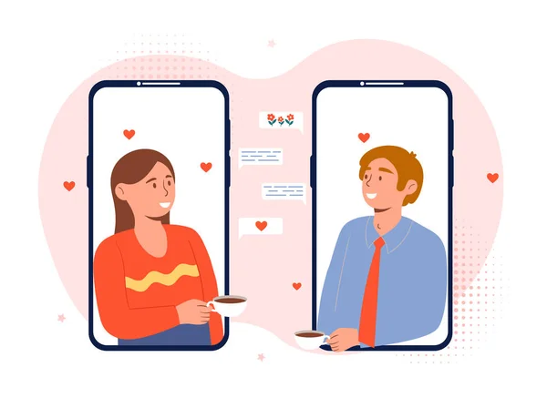 Smiling male and female characters are dating online in smartphone application — Archivo Imágenes Vectoriales