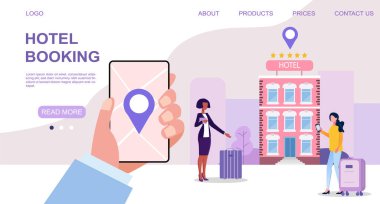 Female character is booking a hotel room on her smartphone online