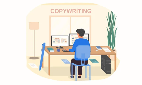 Young male character is working as a copywriter in the office — Vettoriale Stock