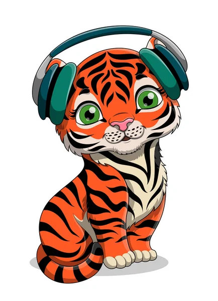 Cute cartoon baby Tiger with headphones — Stock Vector