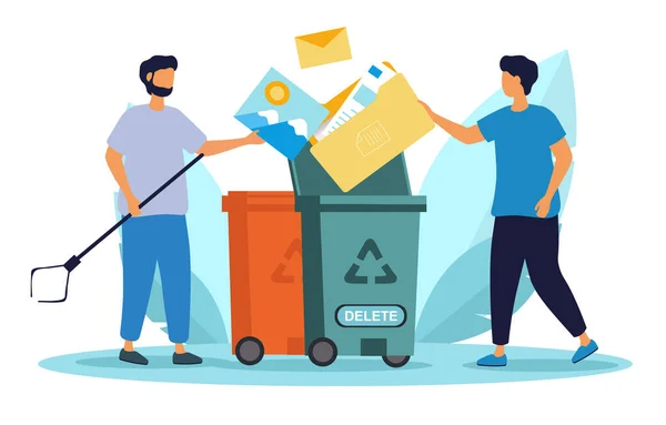 Mensen gooien afval weg om vuilnisbak te recyclen. — Stockvector