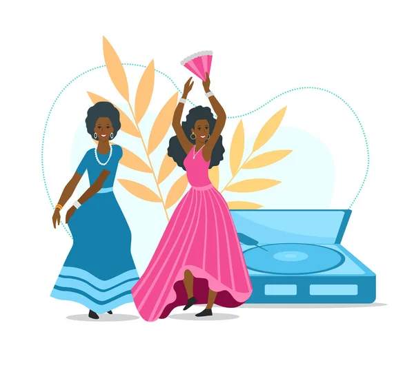 Afro curly women with fans dancing flamenco — Stock Vector