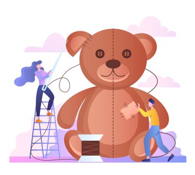 Küçük insanlar büyük oyuncak ayıları kesip dikerler.