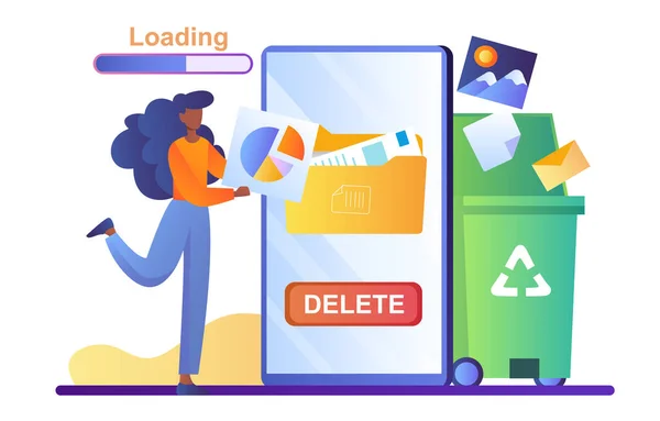 Människan raderar onödiga data från telefonminnet — Stock vektor