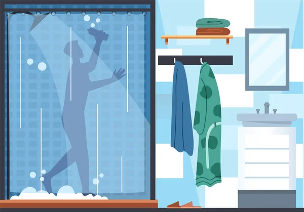 La vida cotidiana. Hombre tomando una ducha, procedimiento de higiene — Vector de stock