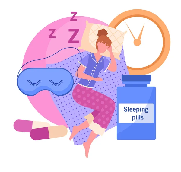 Mujer tomar pastillas para dormir para dormir bien. — Archivo Imágenes Vectoriales