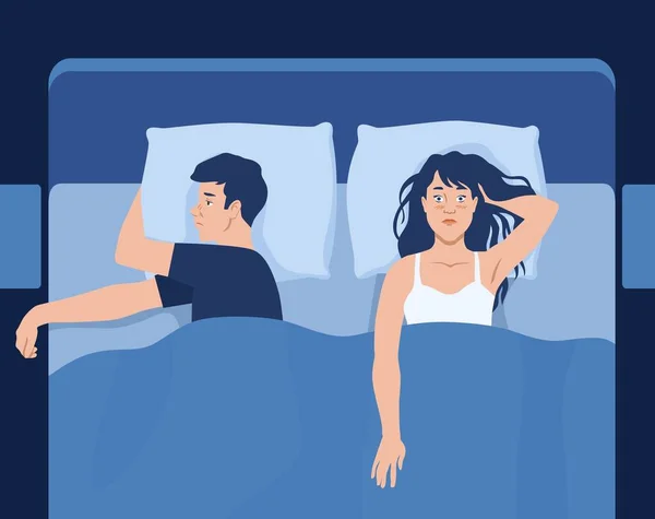 Insomnia abstract concept with a couple in bed — Stock Vector