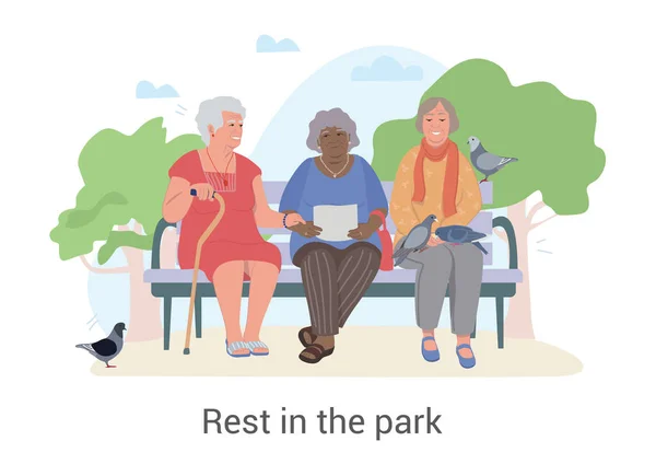 三位老太太在公园里享受轻松的聊天 — 图库矢量图片