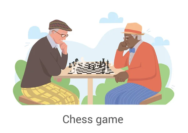 二人のシニア男リラックスゲームのチェス屋外 — ストックベクタ