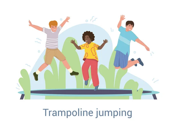 Sekelompok tiga teman muda melompat pada trampolin - Stok Vektor