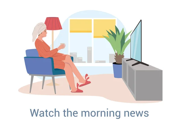 Mujer relajante viendo las noticias de la mañana en la televisión — Vector de stock