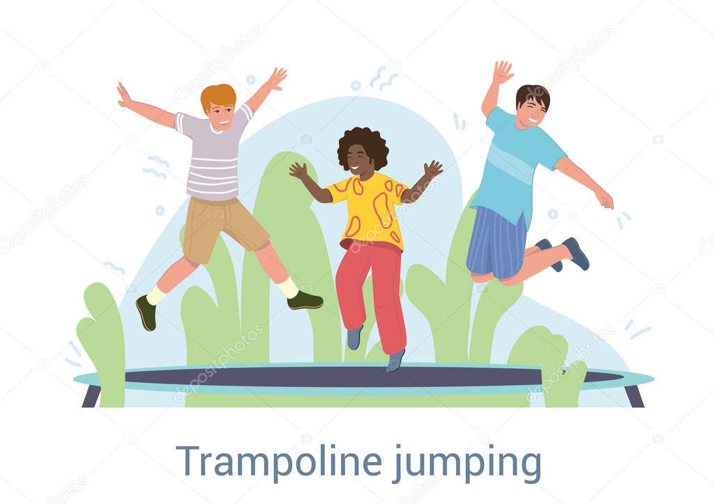 Group of three young friends jumping on a trampoline