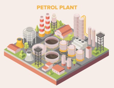 Isometric graphic of a petroleum or oil refinery clipart