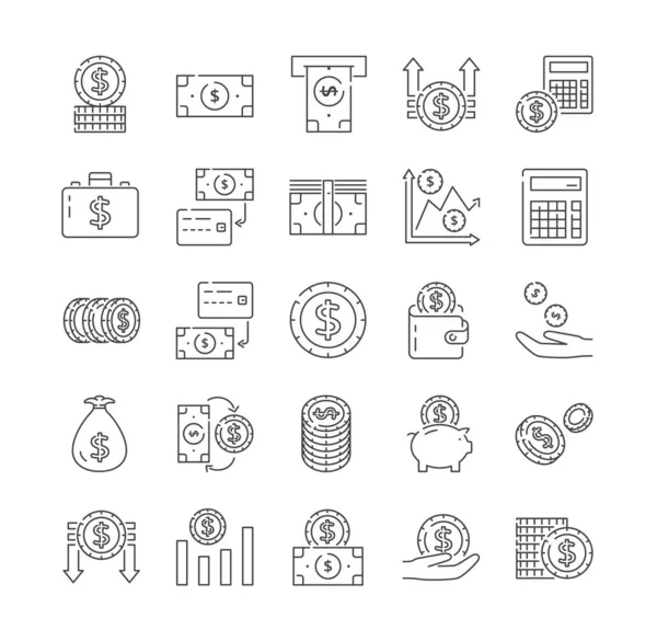 Set di icone finanziarie in bianco e nero con monete e banconote — Vettoriale Stock