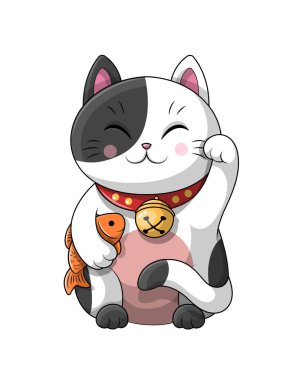 Adorable little cartoon cat holding a fish under its arm clipart