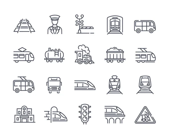 Gran conjunto de 25 iconos de transporte con trenes y tranvías — Vector de stock
