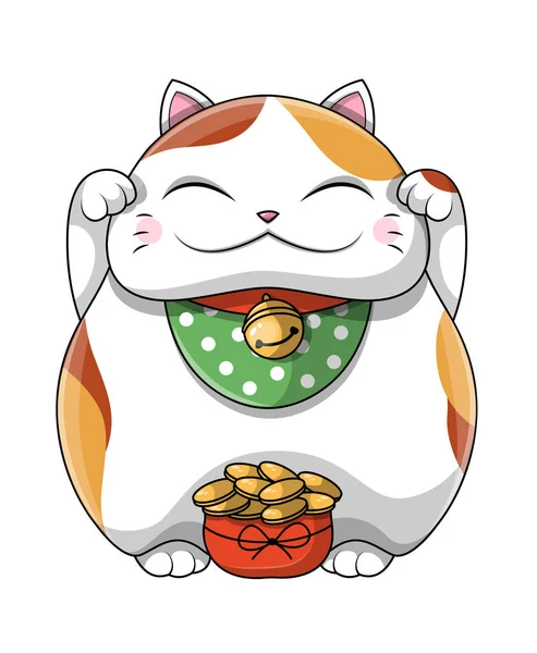Šťastná tlustá kočka se raduje z hromady zlatých mincí — Stockový vektor