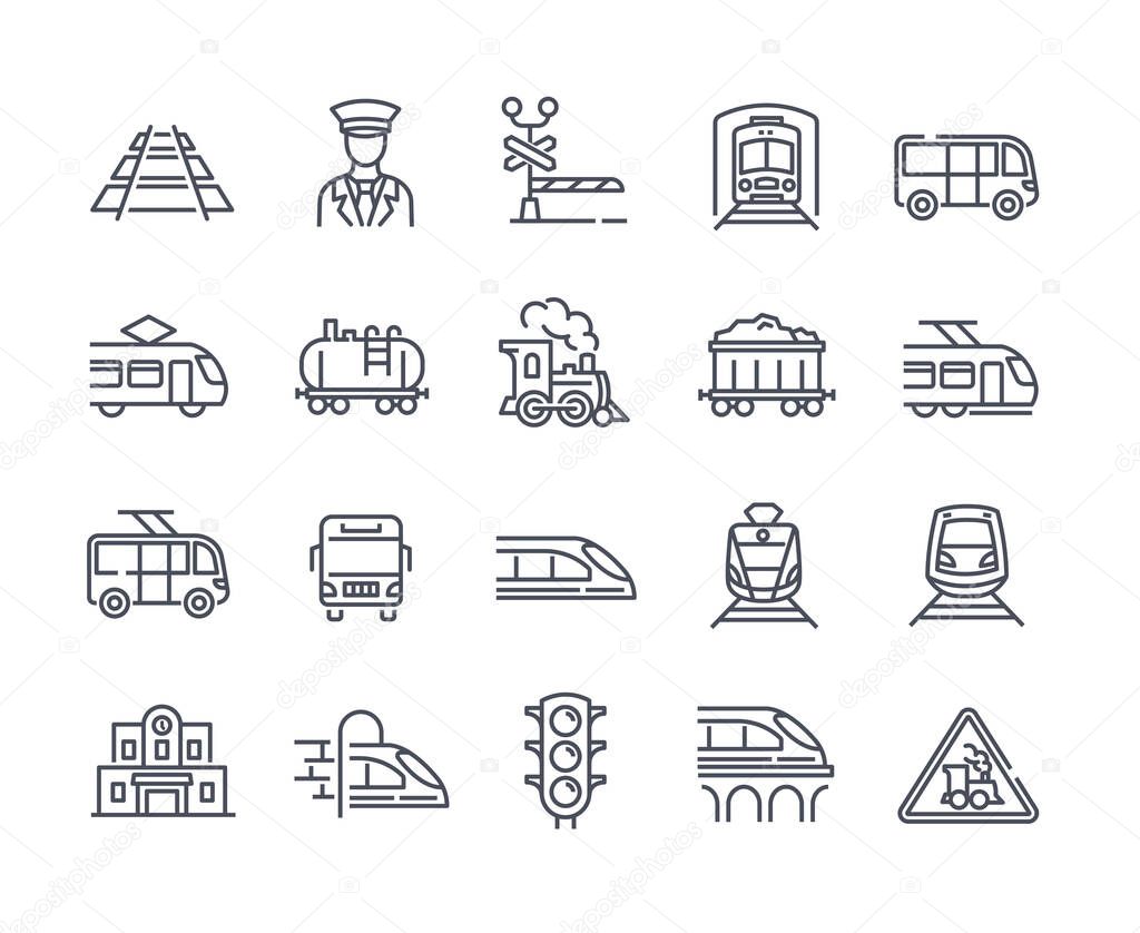 Large set of 25 transport icons with trains and trams