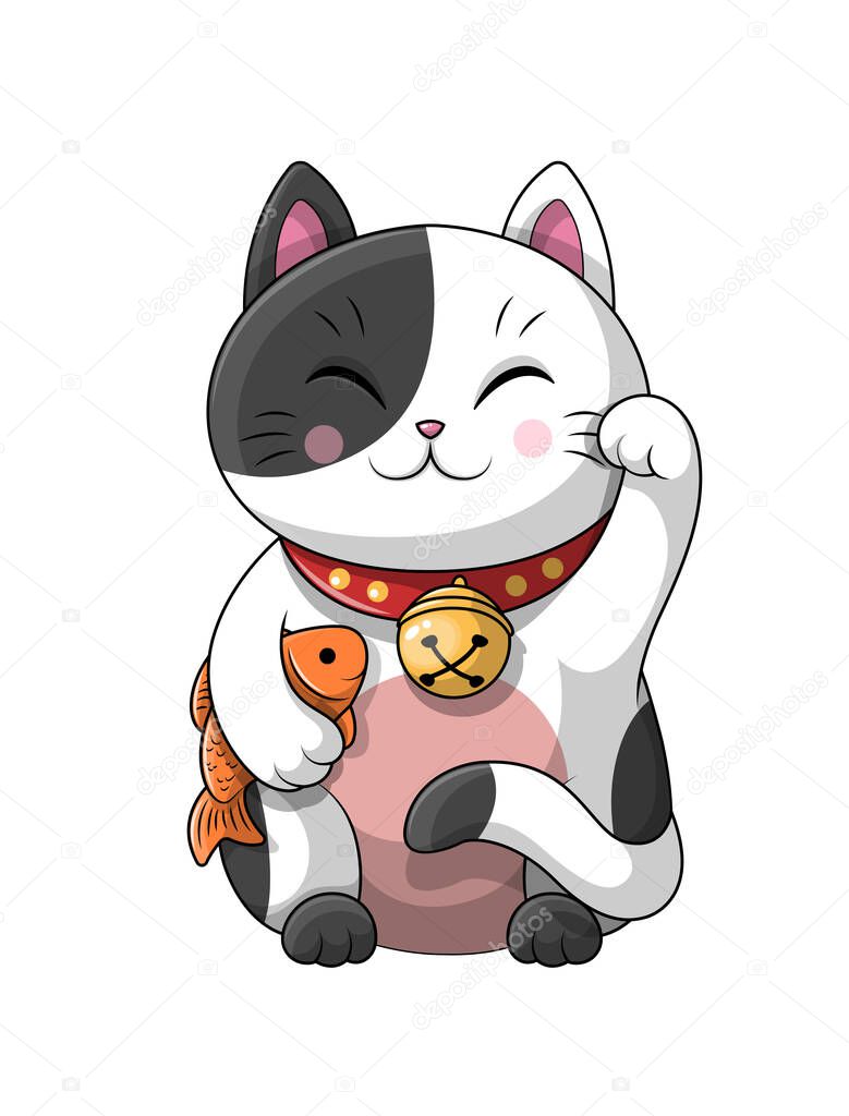 Adorable little cartoon cat holding a fish under its arm