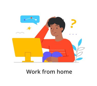 Evden bilgisayar başında çalışan genç bir adam.