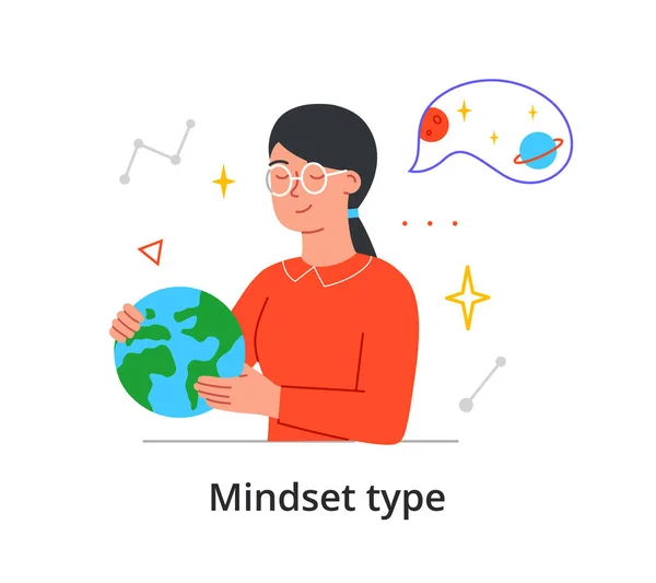 Mindset type van een jonge vrouw met een avontuurlijke onderzoekende geest — Stockvector