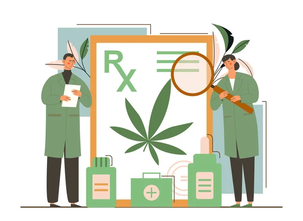 Médicos masculinos y femeninos que muestran prescripción para marihuana medicinal, botella con aceite de cbd — Vector de stock