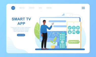 Erkek karakter büyük ekranda akıllı TV kullanıyor