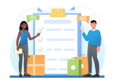 Erkek ve kadın karakterler alışveriş listesini birlikte dolduruyorlar.