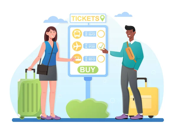 Jovens personagens masculinos e femininos estão comprando bilhetes para o transporte urbano — Vetor de Stock