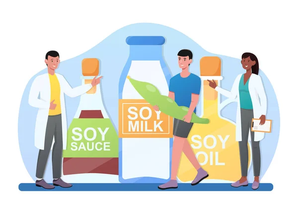 Personagens masculinos e femininos estão consumindo produtos de soja juntos — Vetor de Stock