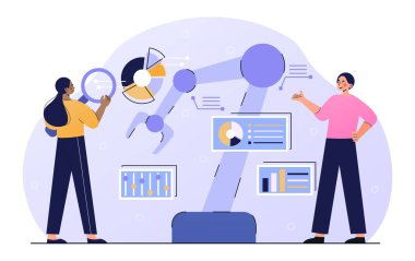 Erkek ve kadın yönetici mühendisler robotik silah makinelerini kontrol ediyor.