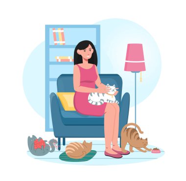 Genç, gülümseyen kadın karakter kedilerle çevrili koltukta oturuyor.