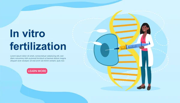 Científica que trabaja en el tratamiento de la infertilidad para una mujer con jeringa — Vector de stock