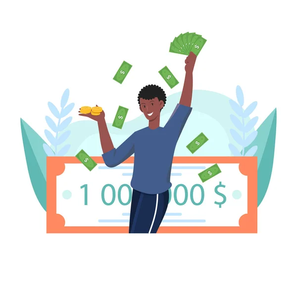 Feliz vencedor da loteria masculina está segurando milhões de dólares — Vetor de Stock