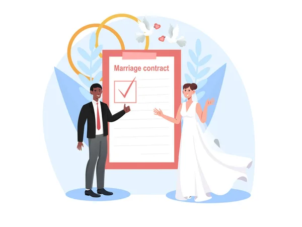 Lächelnde Braut und Bräutigam unterzeichnen gemeinsam Ehevertrag — Stockvektor
