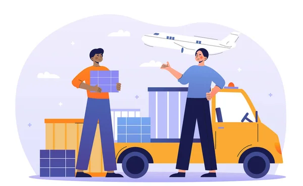 Dos jóvenes personajes masculinos están trabajando en el transporte aéreo y la industria logística — Archivo Imágenes Vectoriales