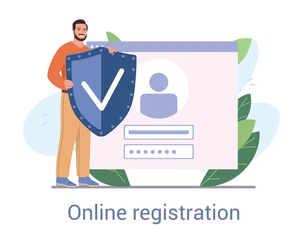 Sorridente giovane personaggio maschile registrazione online — Vettoriale Stock