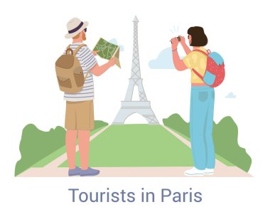 Tourists on vacation in Paris sightseeing the Eiffel Tower clipart