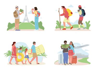 Çeşitli turistlerin tatilde olduğu dört sahne